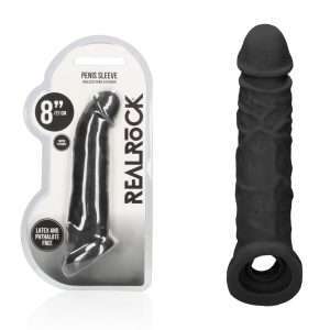 REALROCK 8'' Realistic Penis Extender with Rings - Black - Black 20.3 cm Penis Extension Sleeve