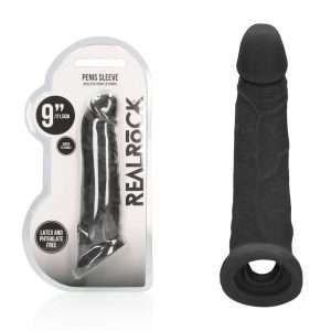 REALROCK 9'' Realistic Penis Extender with Rings - Black - Black 22.9 cm Penis Extension Sleeve